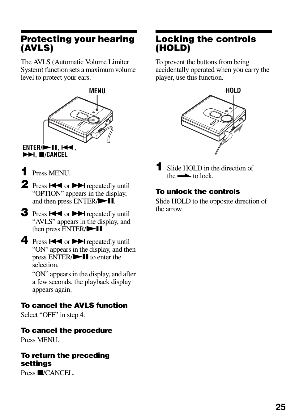 Protecting your hearing (avls), Locking the controls (hold) | Sony MZ-DN430 User Manual | Page 25 / 56