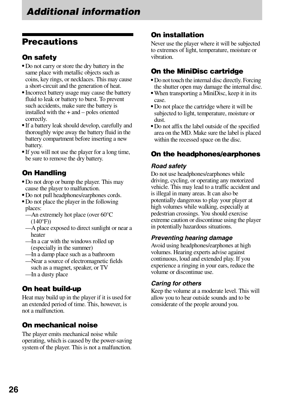 Additional information, Precautions | Sony MZ-DN430 User Manual | Page 26 / 56