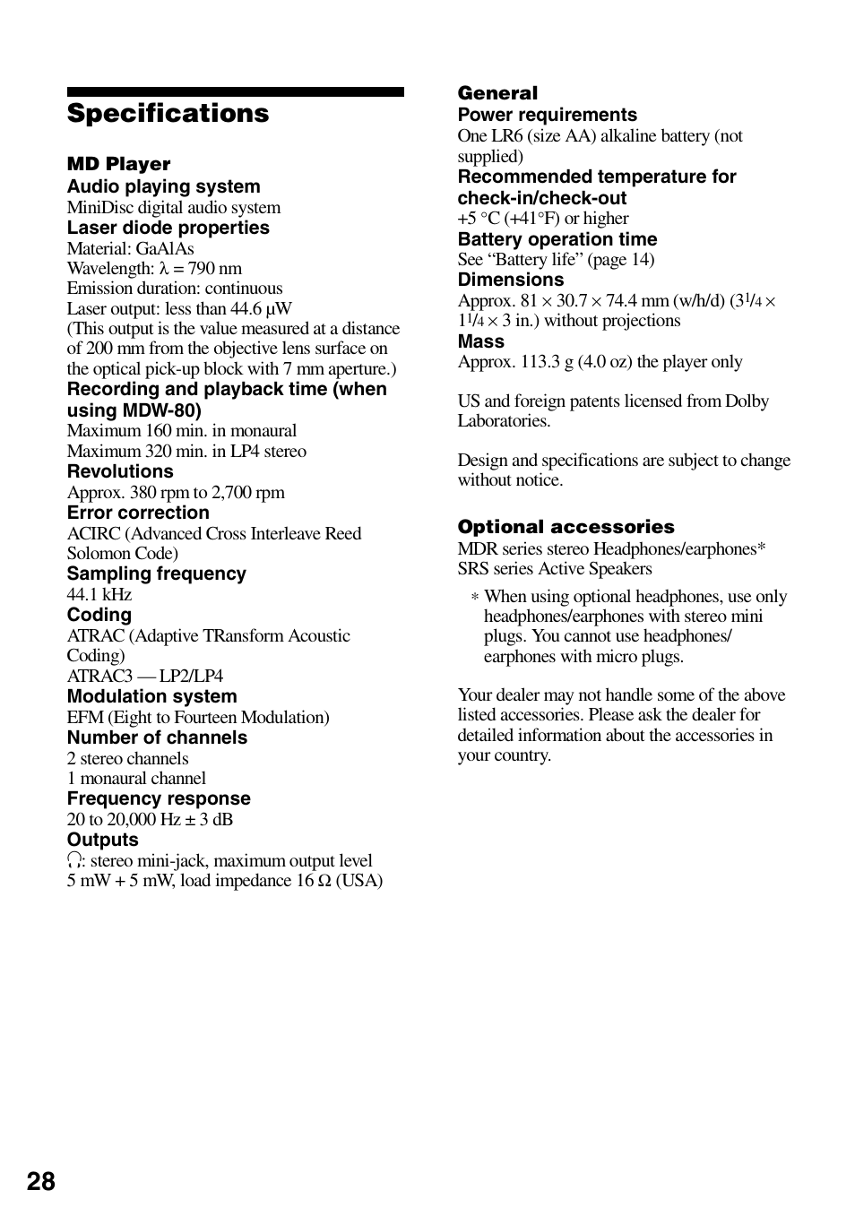 Specifications, 28 specifications | Sony MZ-DN430 User Manual | Page 28 / 56