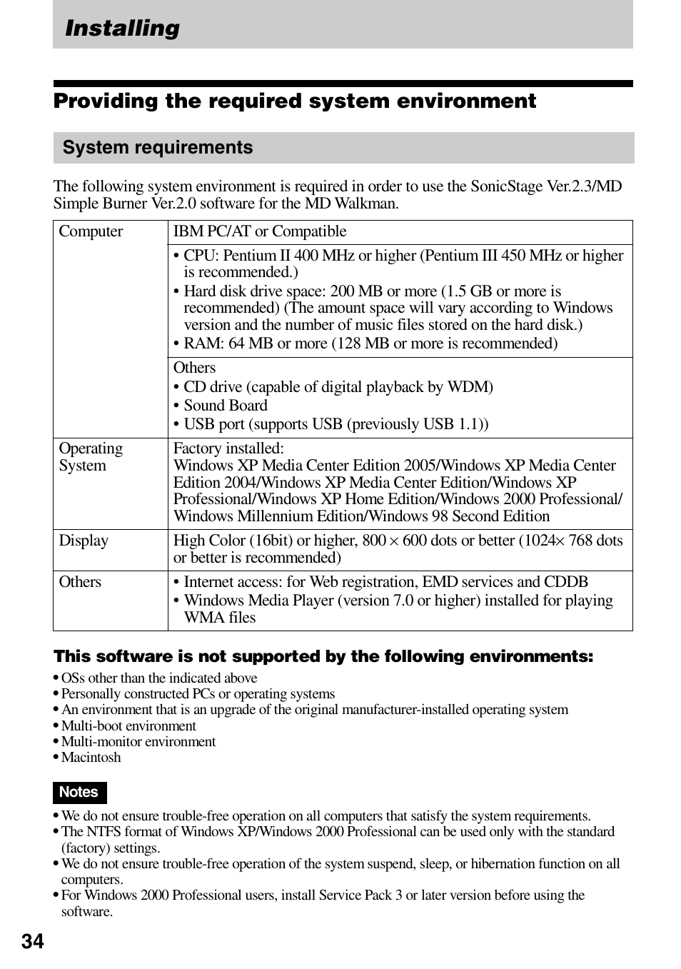 Installing, Providing the required system environment, System requirements | Sony MZ-DN430 User Manual | Page 34 / 56