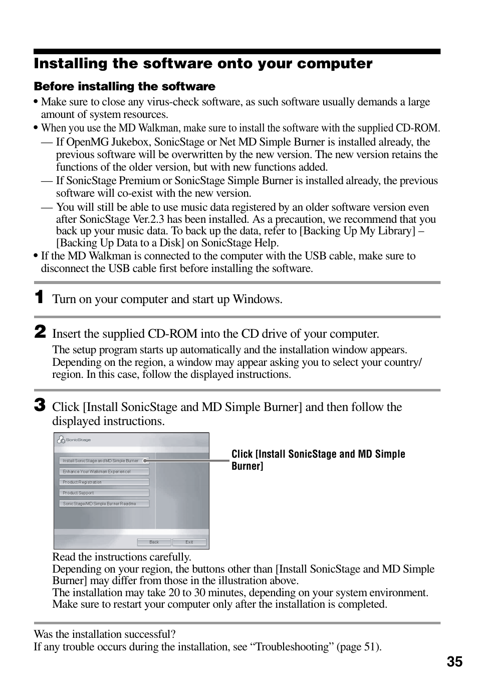 Installing the software onto your computer, 35 installing the software onto your computer | Sony MZ-DN430 User Manual | Page 35 / 56