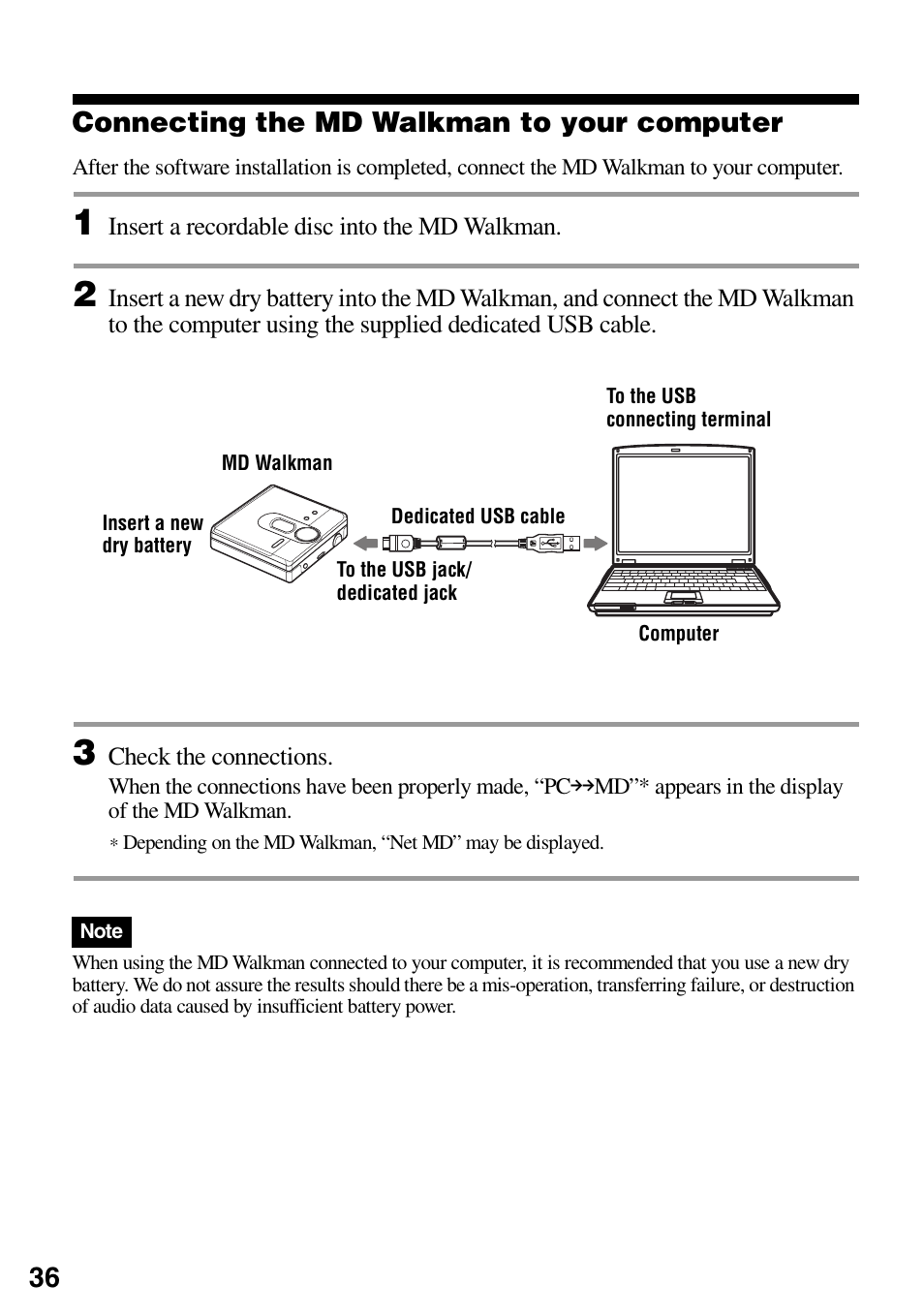 Connecting the md walkman to your computer, 36 connecting the md walkman to your computer | Sony MZ-DN430 User Manual | Page 36 / 56