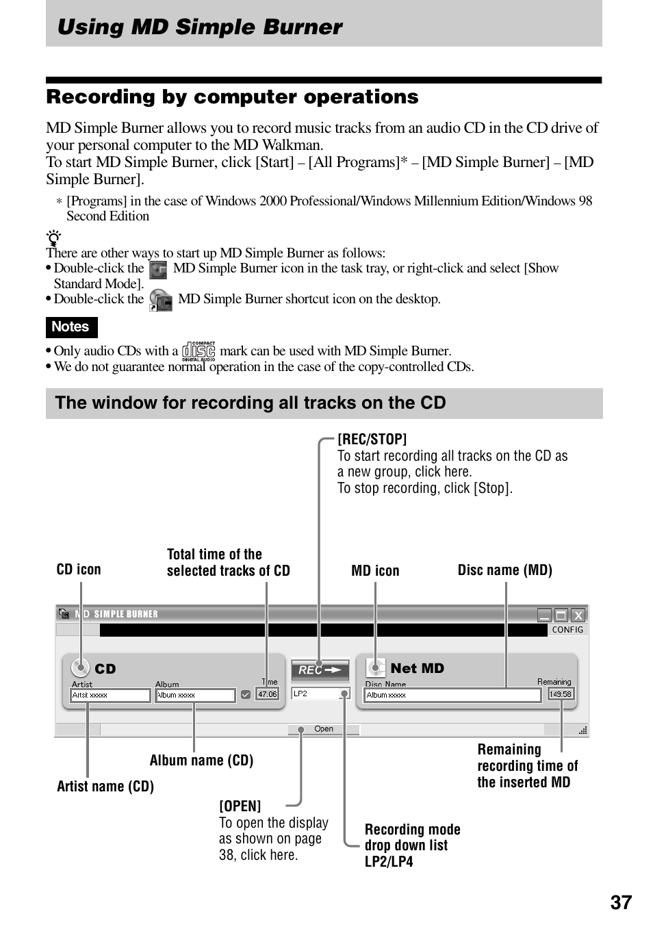Using md simple burner, Recording by computer operations, The window for recording all tracks on the cd | Sony MZ-DN430 User Manual | Page 37 / 56
