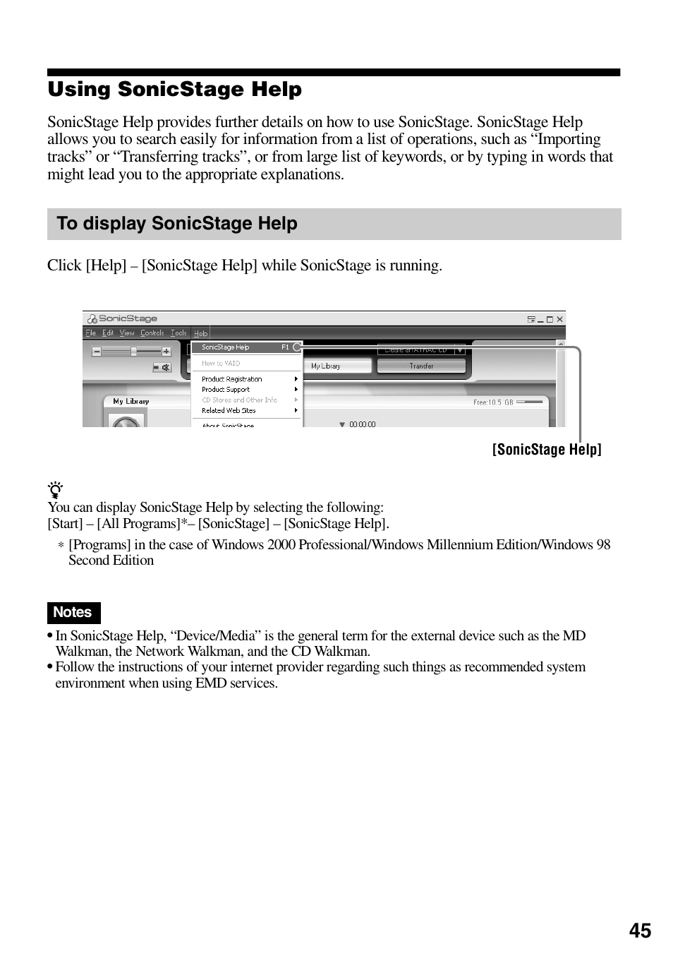 Using sonicstage help, To display sonicstage help, 45 using sonicstage help | Sony MZ-DN430 User Manual | Page 45 / 56