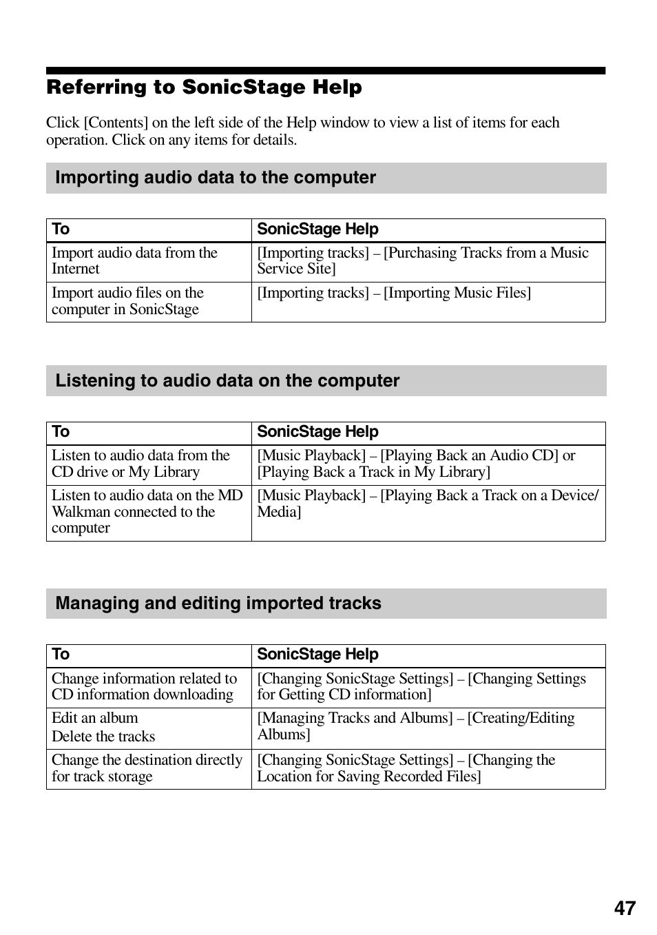 Referring to sonicstage help, Importing audio data to the computer, Listening to audio data on the computer | Managing and editing imported tracks, 47 referring to sonicstage help | Sony MZ-DN430 User Manual | Page 47 / 56