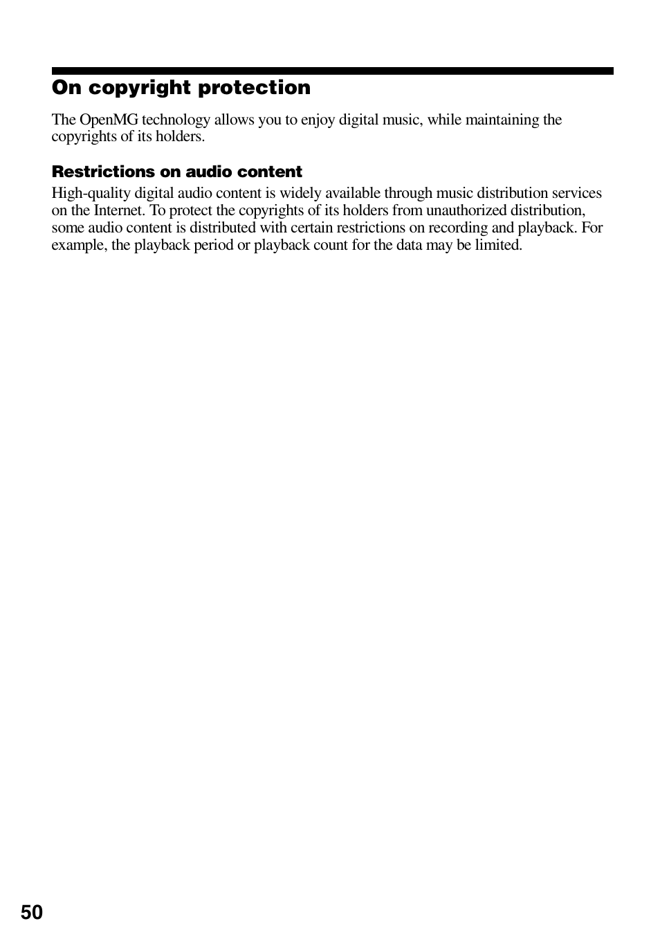 On copyright protection | Sony MZ-DN430 User Manual | Page 50 / 56