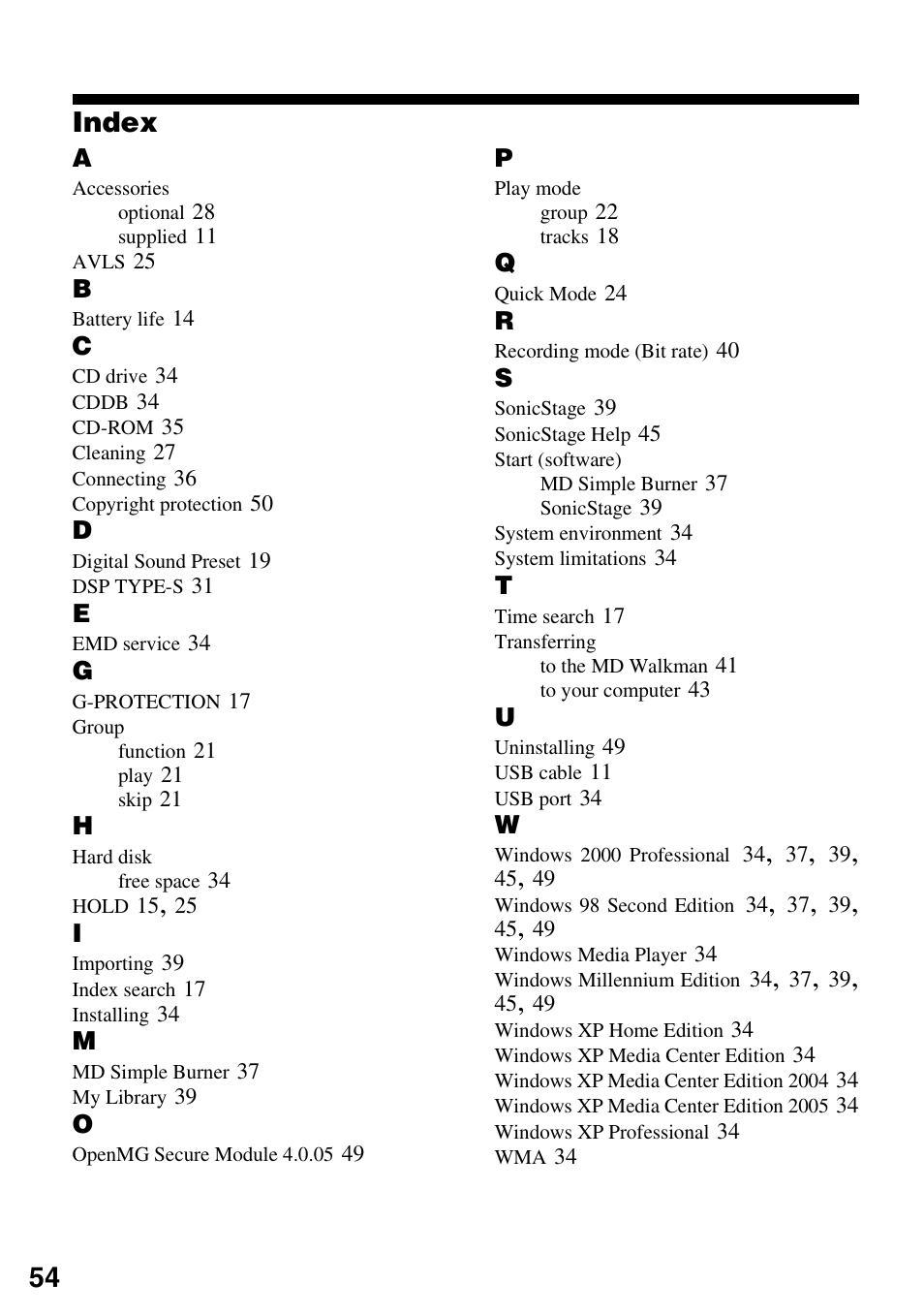 Index, 54 index | Sony MZ-DN430 User Manual | Page 54 / 56