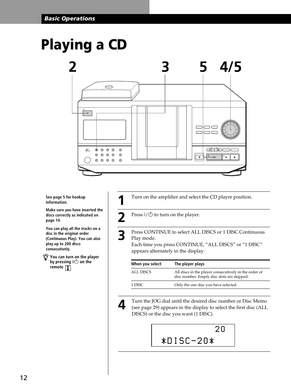 Playing a cd 2 3, Basic operations | Sony CDP-CX260 User Manual | Page 12 / 40