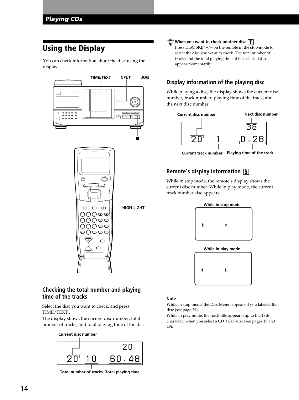 Using the display, Playing cds, Display information of the playing disc | Remote’s display information, I s c 2 0 * d i sc - 2 * 0 d | Sony CDP-CX260 User Manual | Page 14 / 40