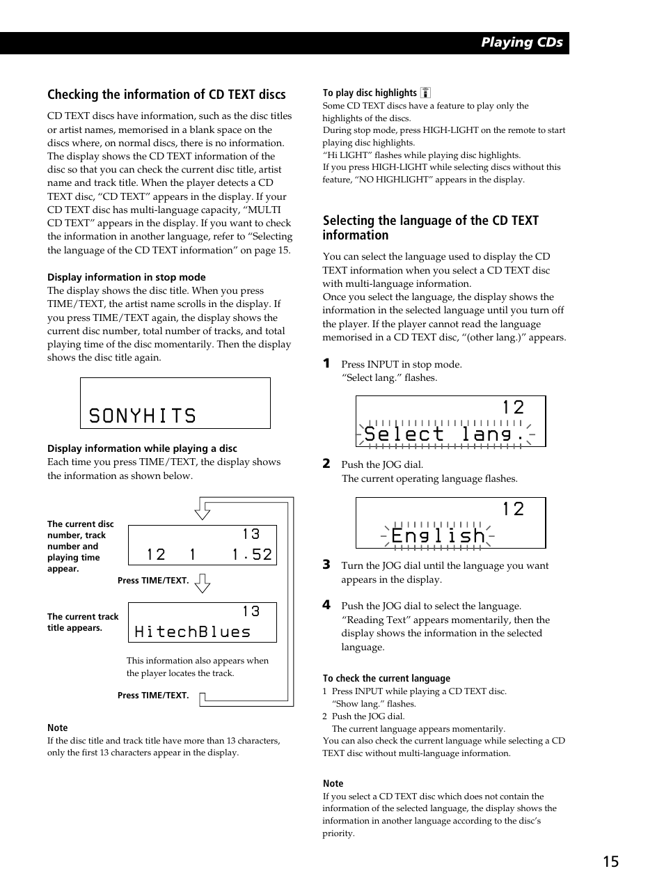 Checking the information of cd text discs, Selecting the language of the cd text information | Sony CDP-CX260 User Manual | Page 15 / 40