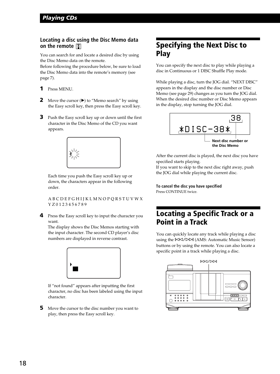 Locating a specific track or a point in a track, Specifying the next disc to play, Playing cds | Sony CDP-CX260 User Manual | Page 18 / 40