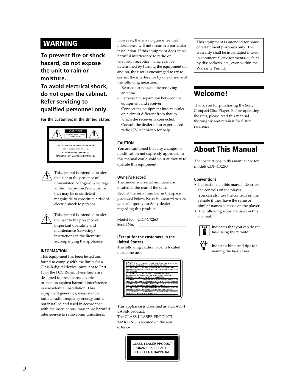 Welcome, About this manual, 2warning | Sony CDP-CX260 User Manual | Page 2 / 40