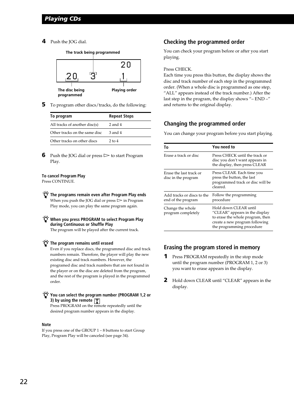 Playing cds, Changing the programmed order, Checking the programmed order | Sony CDP-CX260 User Manual | Page 22 / 40