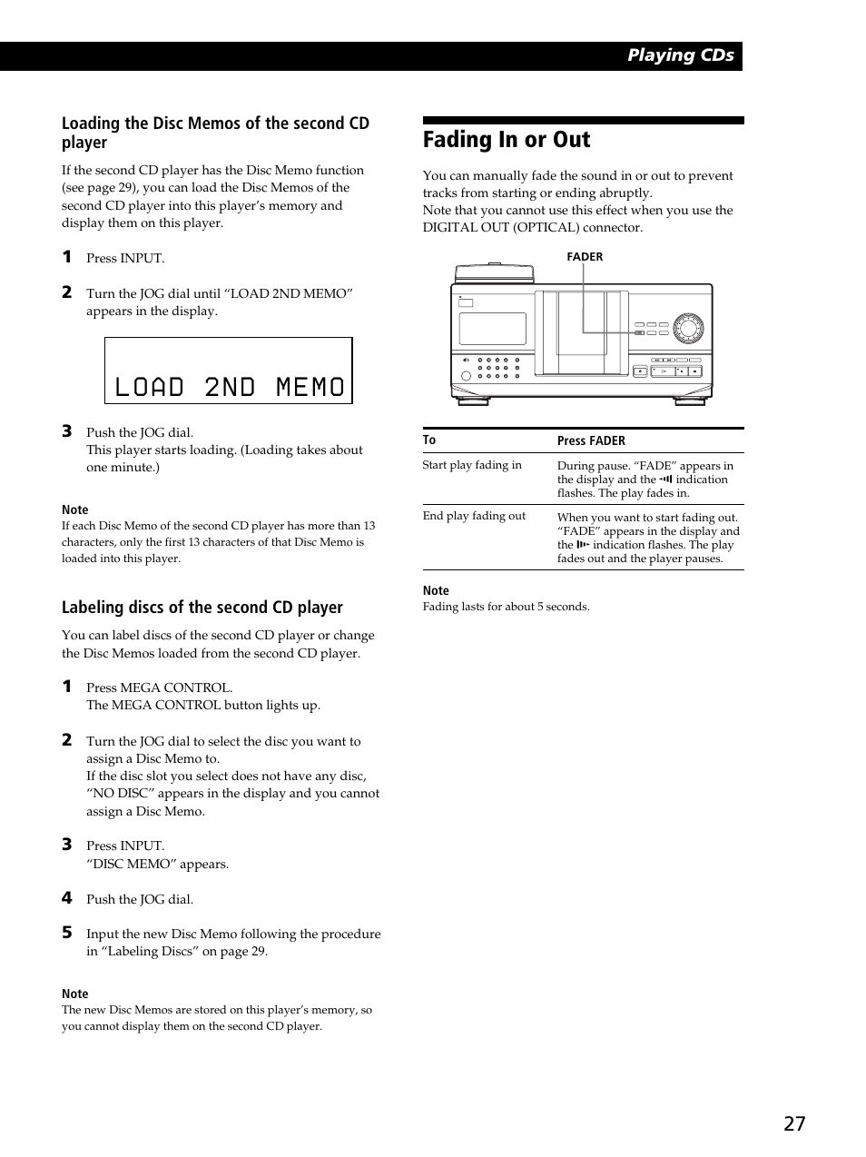 Fading in or out | Sony CDP-CX260 User Manual | Page 27 / 40