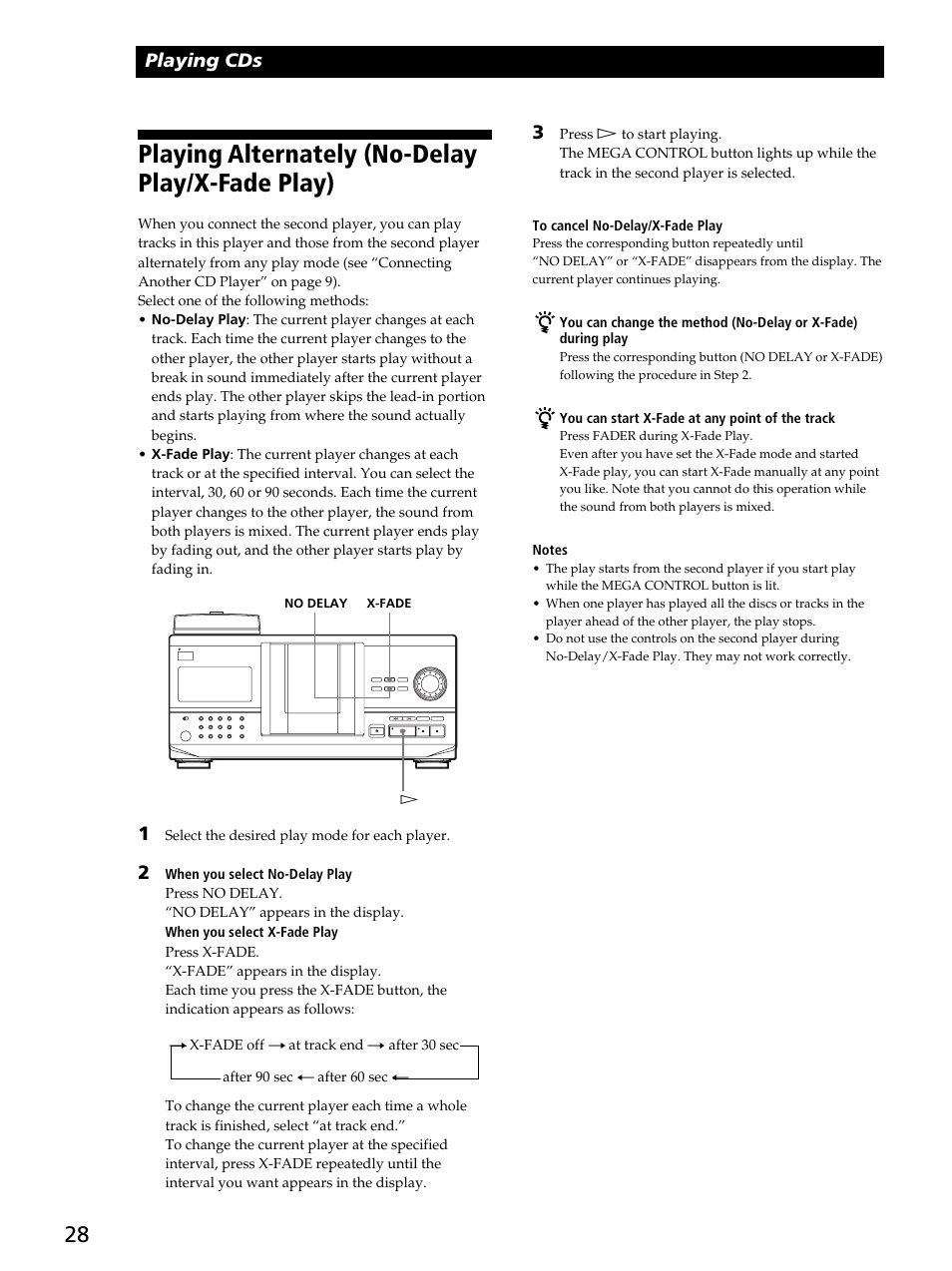 Playing alternately (no-delay play/x-fade play), Playing cds | Sony CDP-CX260 User Manual | Page 28 / 40