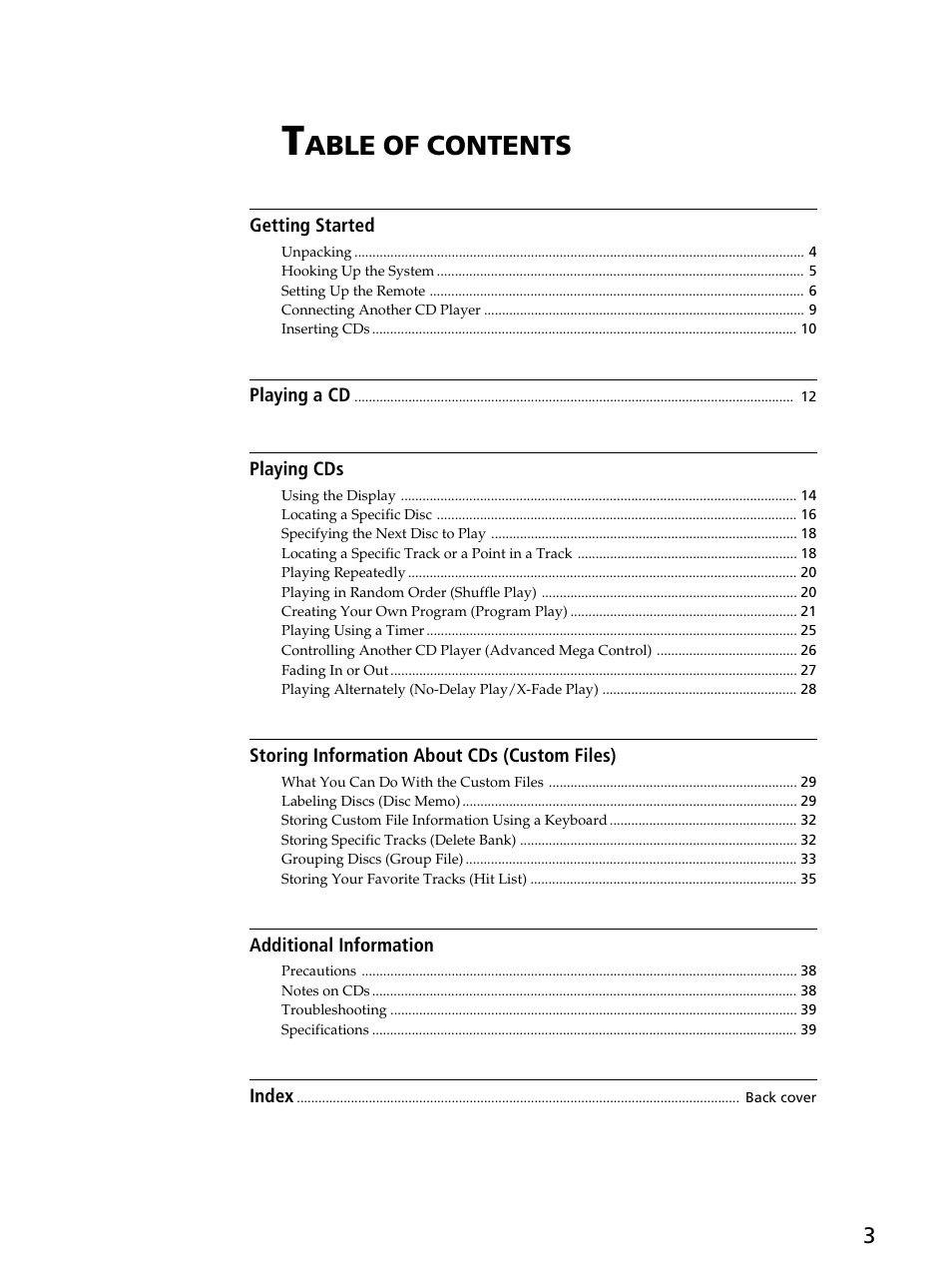 Able of contents | Sony CDP-CX260 User Manual | Page 3 / 40