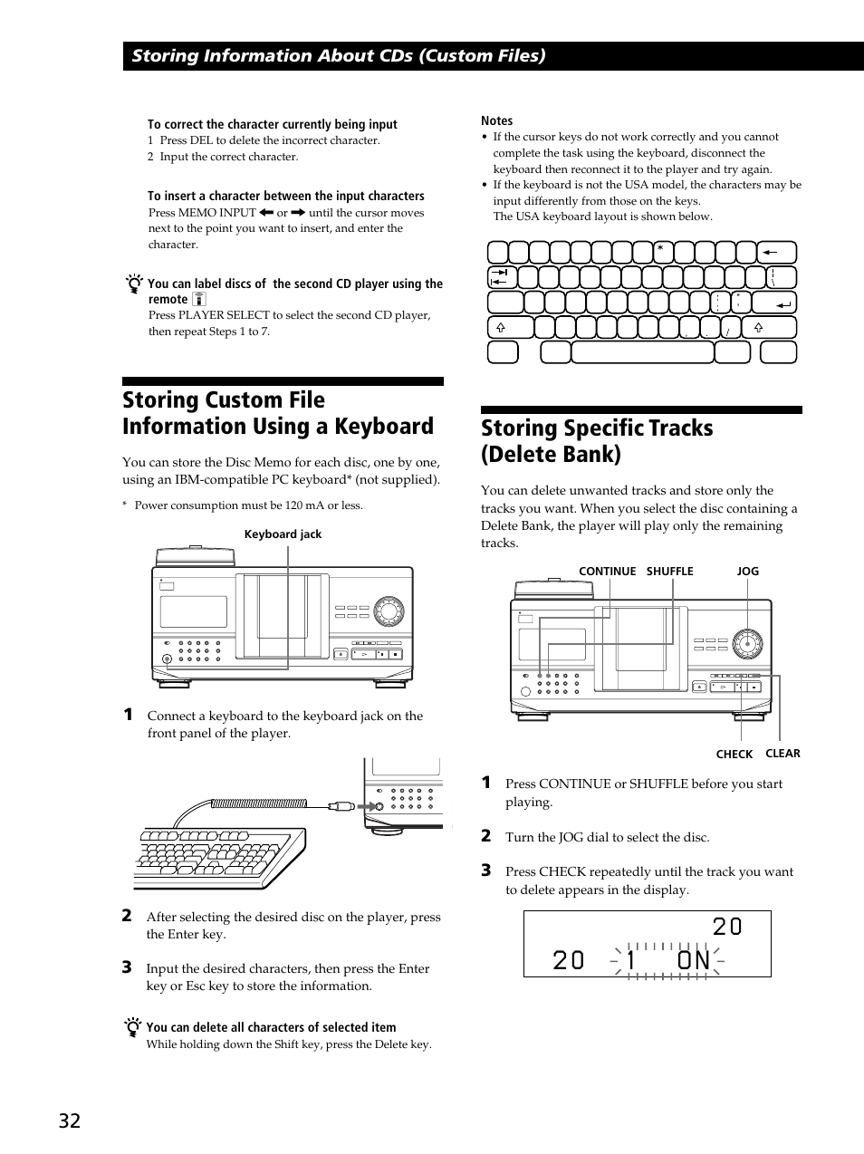 2 0 1 o n, Storing specific tracks (delete bank), Storing custom file information using a keyboard | Storing information about cds (custom files) | Sony CDP-CX260 User Manual | Page 32 / 40