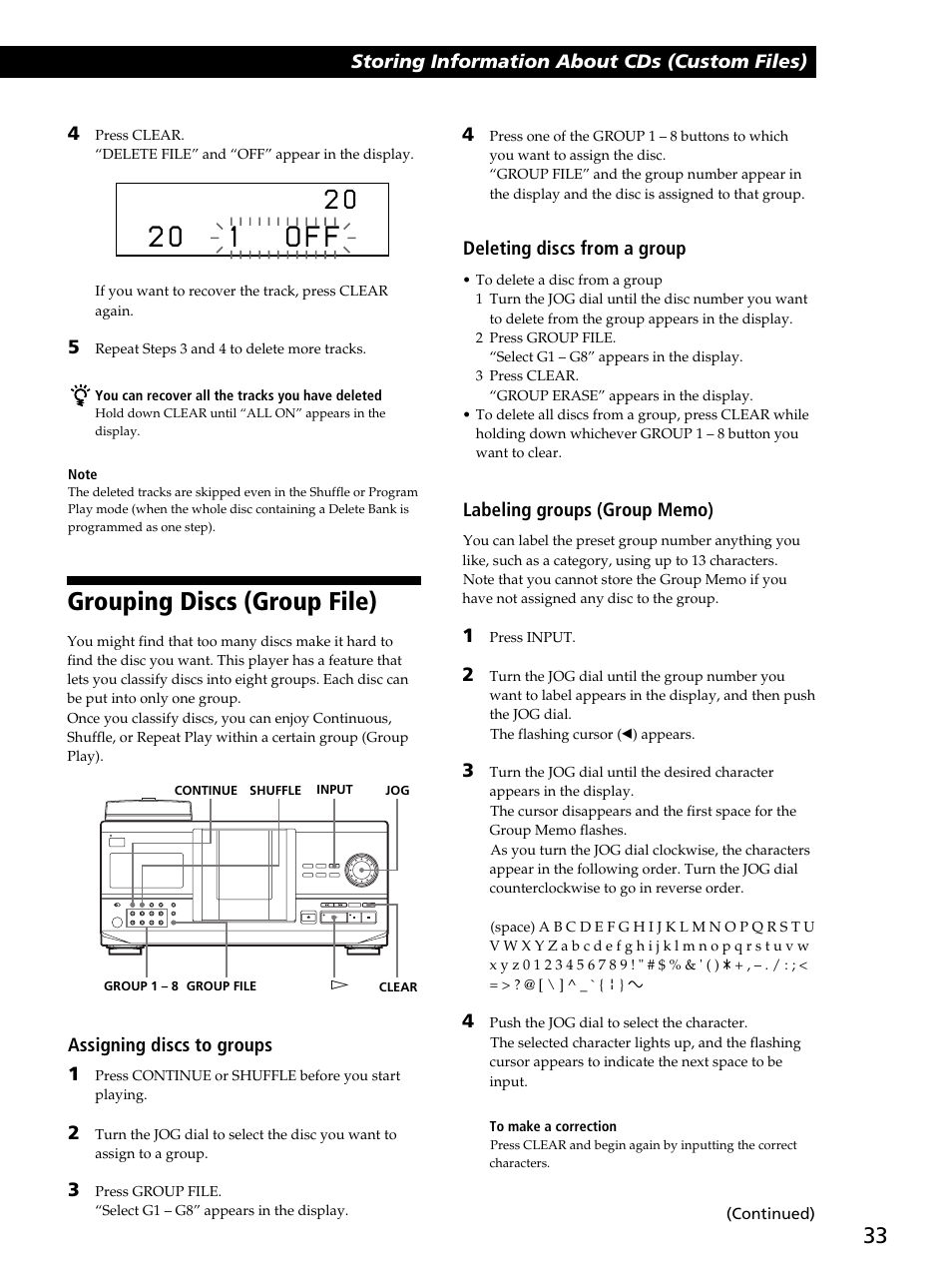 2 0 1 o f f, Grouping discs (group file), Storing information about cds (custom files) | Assigning discs to groups 1, Deleting discs from a group | Sony CDP-CX260 User Manual | Page 33 / 40
