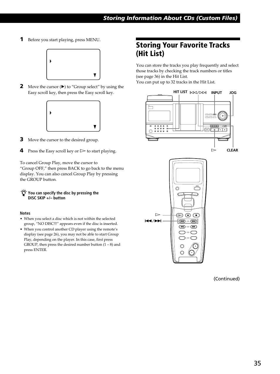 Storing your favorite tracks (hit list), Storing information about cds (custom files), Continued) | Sony CDP-CX260 User Manual | Page 35 / 40
