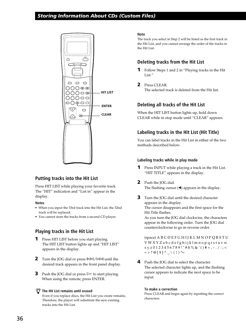 Storing information about cds (custom files), Putting tracks into the hit list, Playing tracks in the hit list 1 | Deleting tracks from the hit list 1, Deleting all tracks of the hit list, Labeling tracks in the hit list (hit title), Labeling tracks while in play mode | Sony CDP-CX260 User Manual | Page 36 / 40