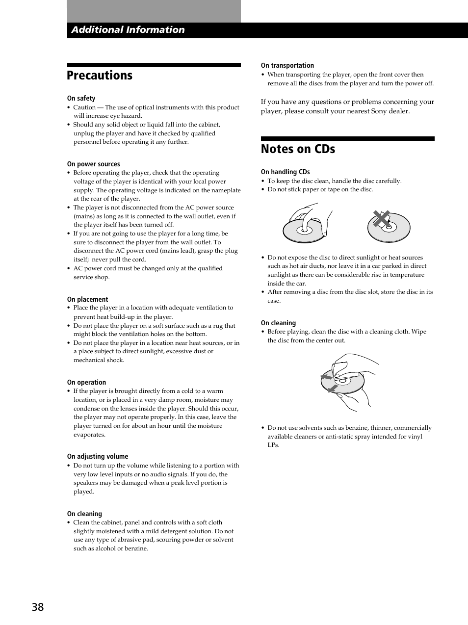 Precautions, Additional information | Sony CDP-CX260 User Manual | Page 38 / 40