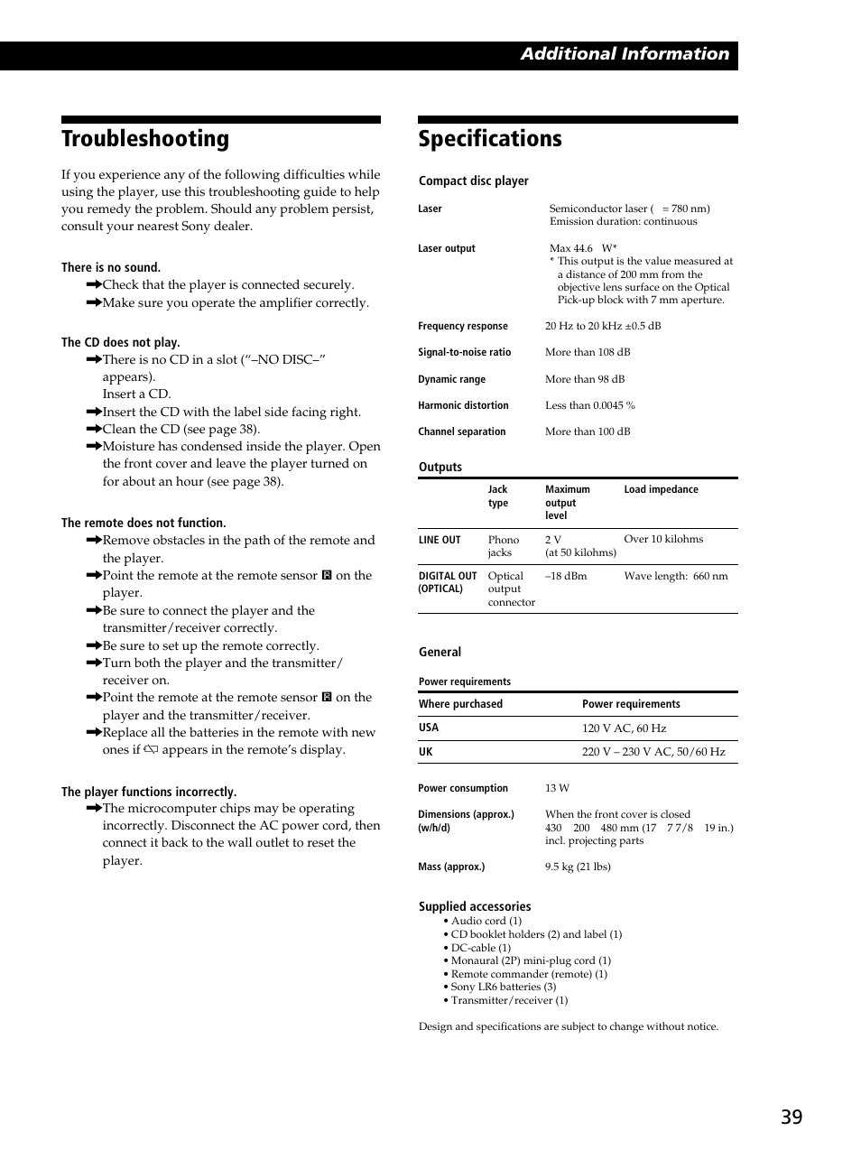 Specifications, Troubleshooting, Additional information | Sony CDP-CX260 User Manual | Page 39 / 40