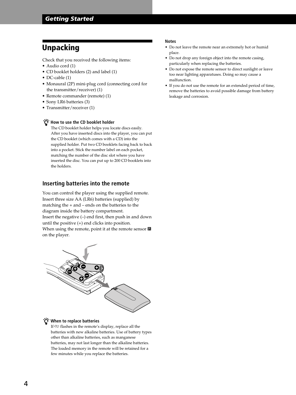Unpacking, Getting started, Inserting batteries into the remote | Sony CDP-CX260 User Manual | Page 4 / 40