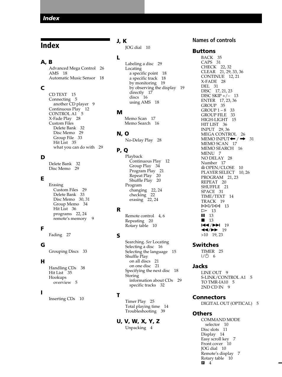 Index, Additional information, Index names of controls buttons | Switches, Jacks, Connectors, Others, J, k, N, o, P, q | Sony CDP-CX260 User Manual | Page 40 / 40