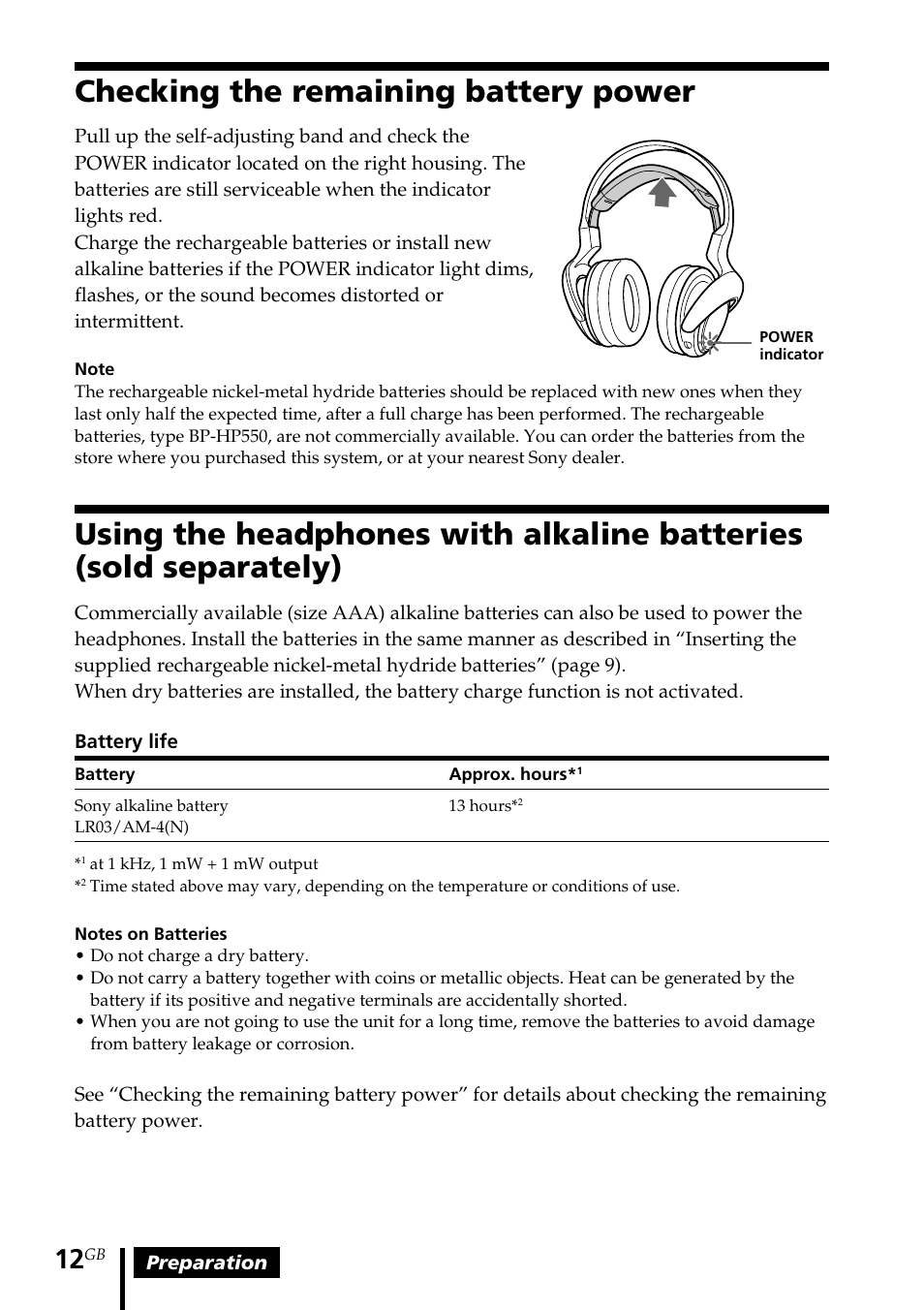 Checking the remaining battery power, Checking the remaining battery, Power | Using the headphones with alkaline, Batteries (sold separately) | Sony MDR DS4000 User Manual | Page 12 / 108