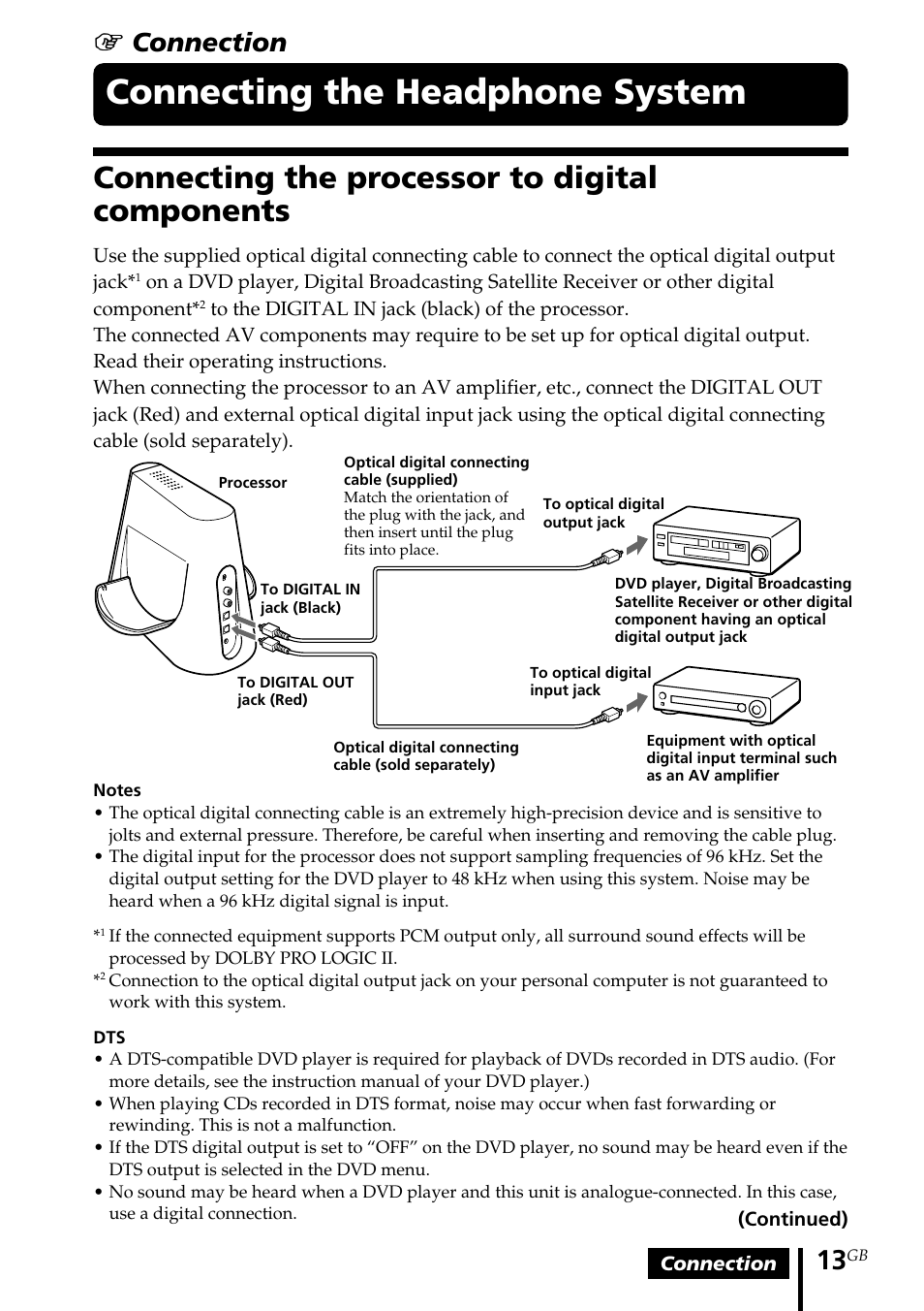 Connecting the headphone system, Connecting the processor to digital components, Connecting the headphone | System, Connecting the processor to, Digital components, 1 connection | Sony MDR DS4000 User Manual | Page 13 / 108