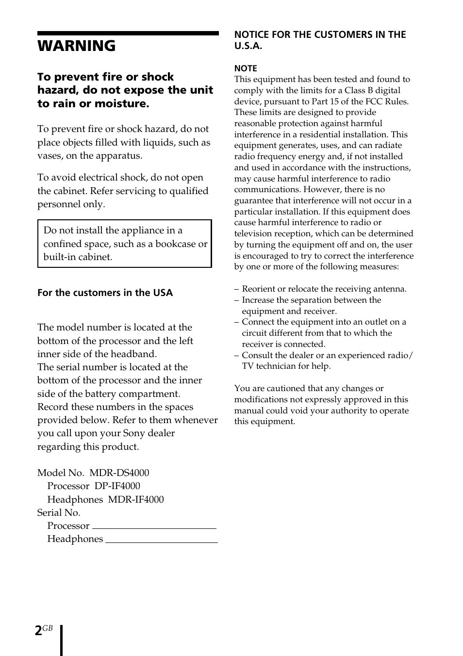 Operating instructions, Warning | Sony MDR DS4000 User Manual | Page 2 / 108