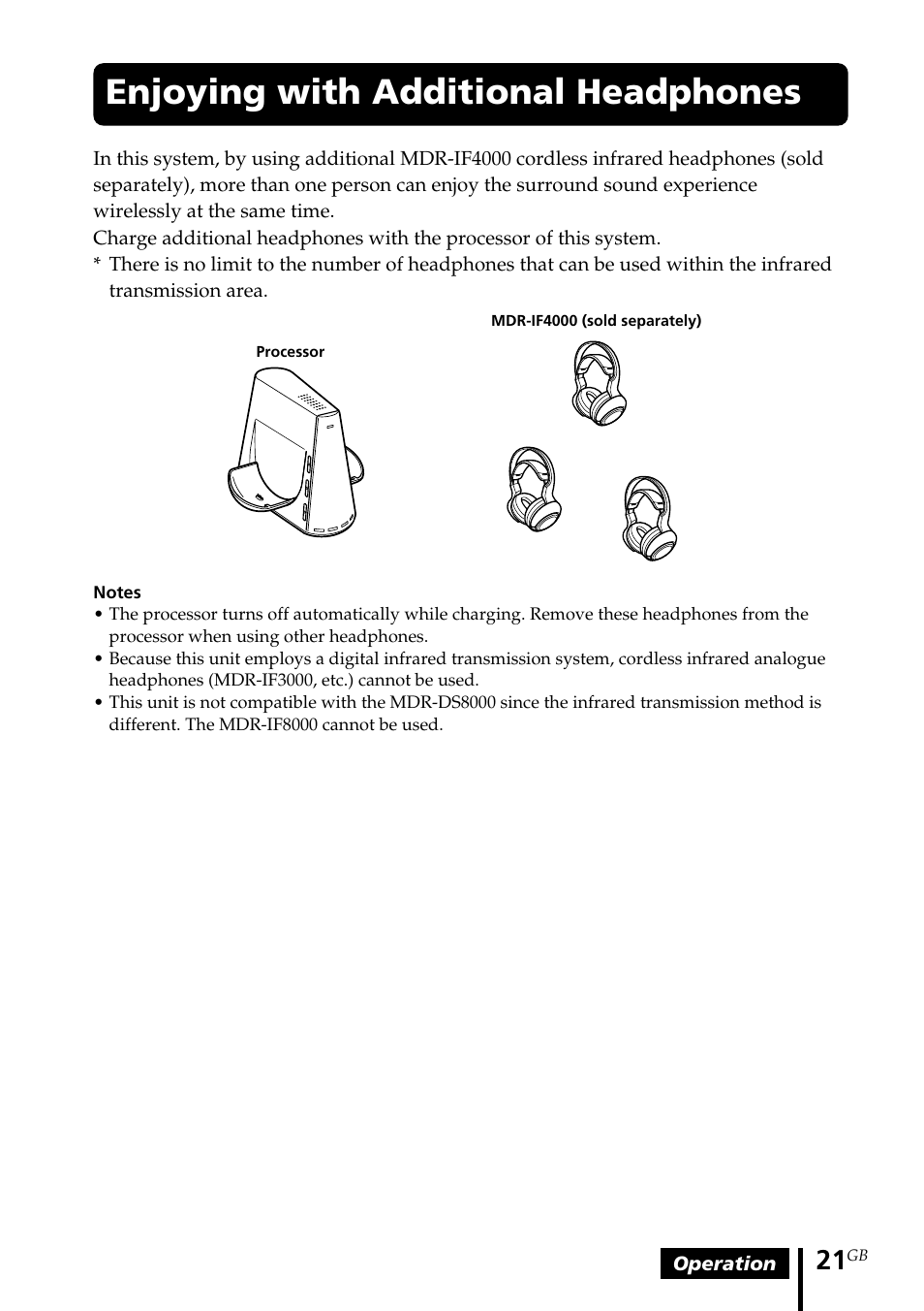 Enjoying with additional headphones, Enjoying with additional, Headphones | Sony MDR DS4000 User Manual | Page 21 / 108