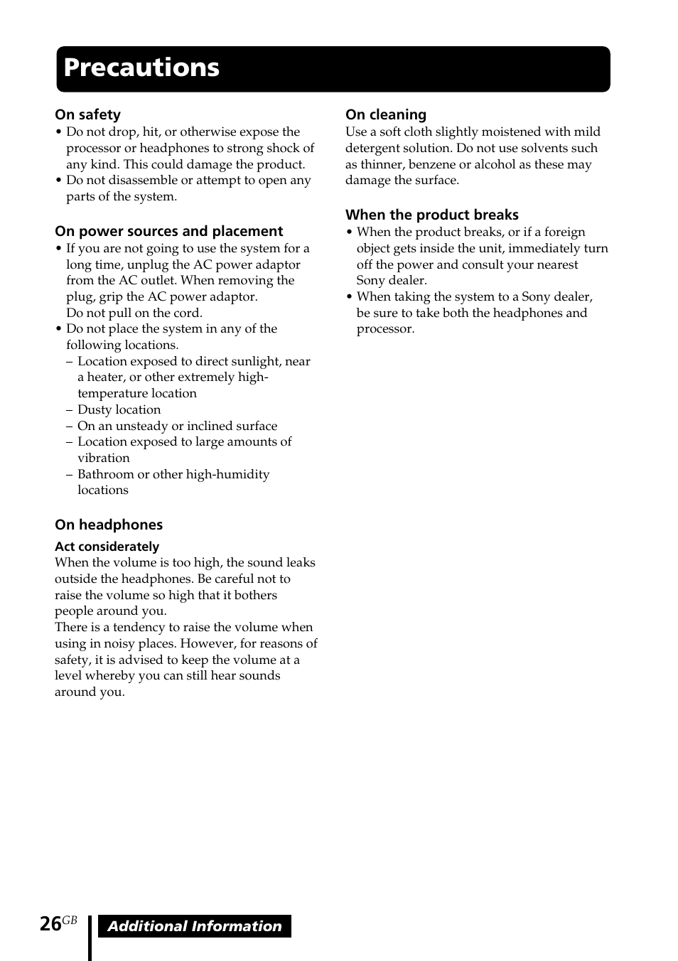 Precautions | Sony MDR DS4000 User Manual | Page 26 / 108