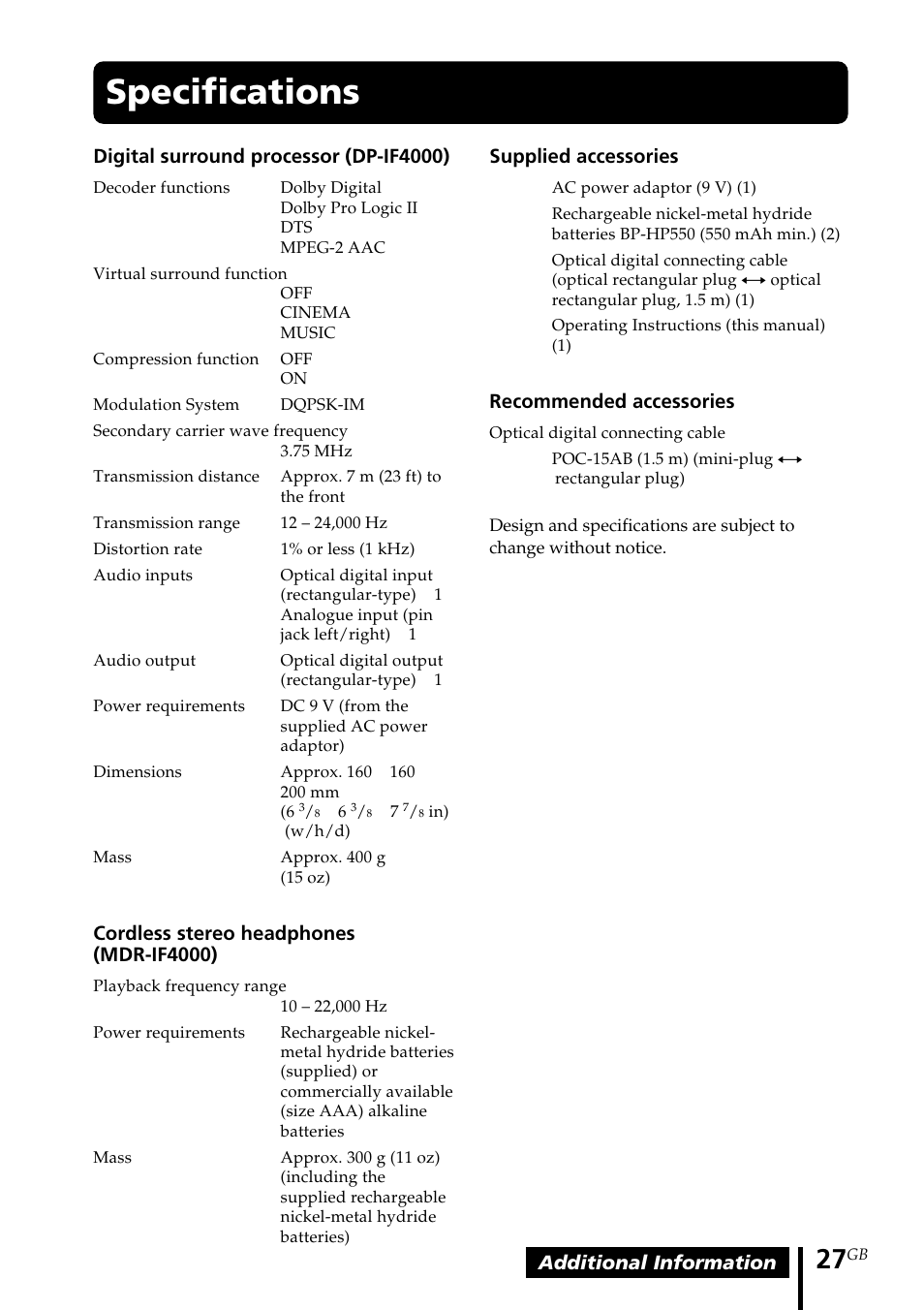 Specifications | Sony MDR DS4000 User Manual | Page 27 / 108