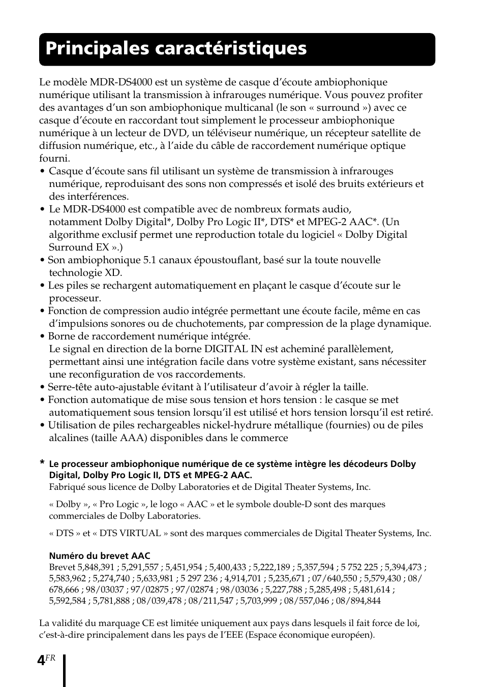 Principales caractéristiques | Sony MDR DS4000 User Manual | Page 30 / 108