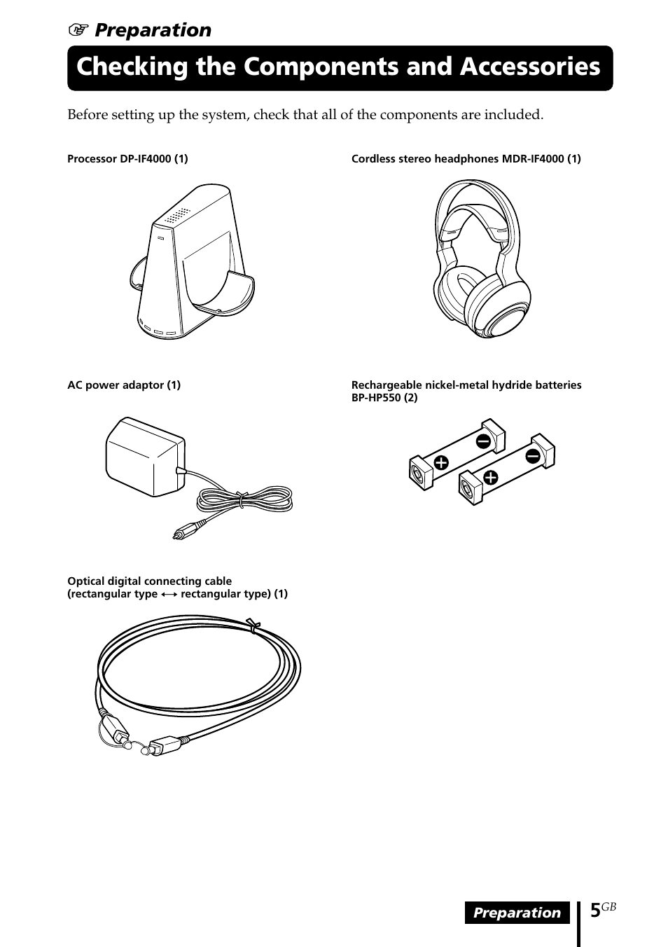 Checking the components and accessories, Checking the components and, Accessories | 1 preparation | Sony MDR DS4000 User Manual | Page 5 / 108