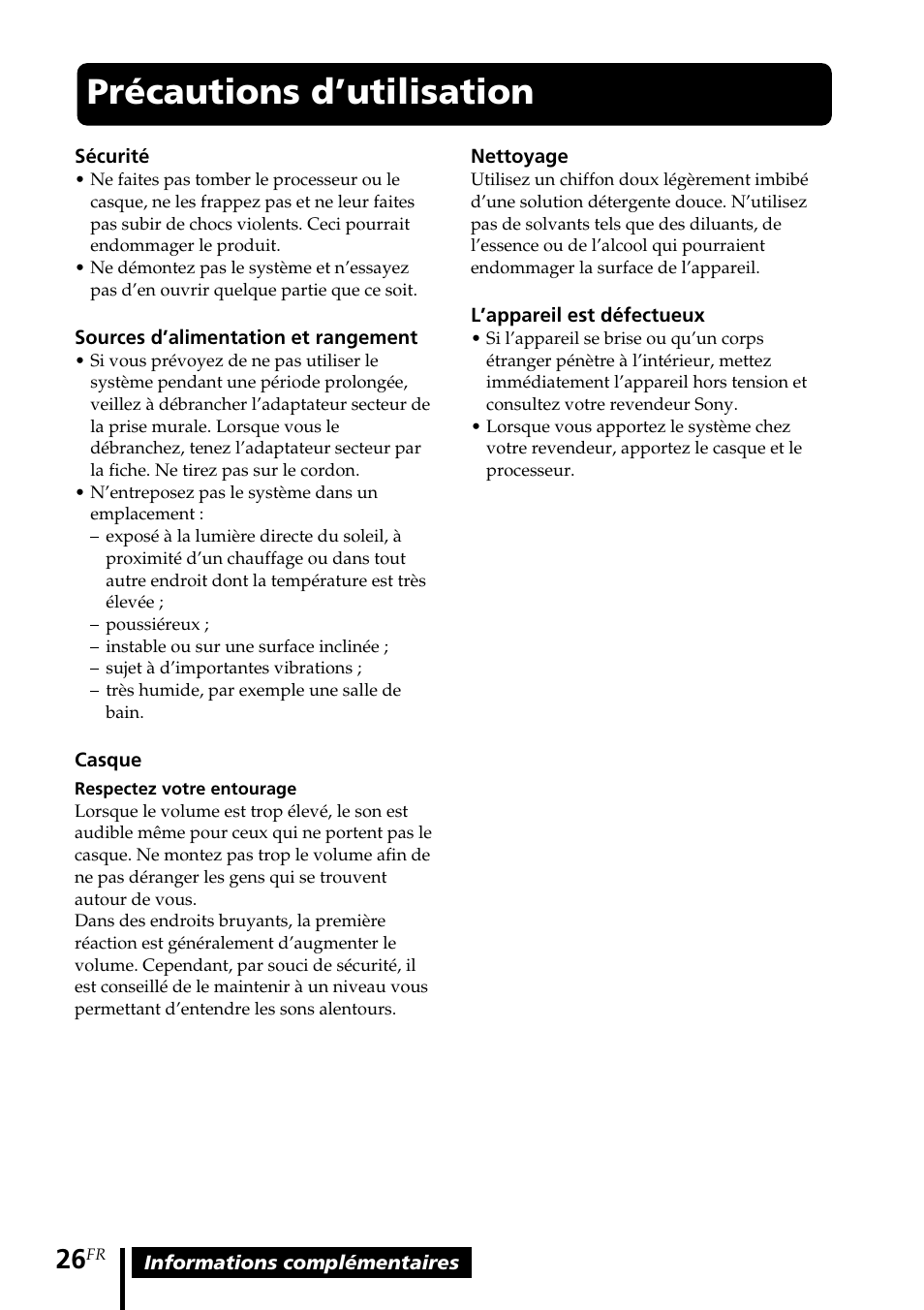 Précautions d’utilisation | Sony MDR DS4000 User Manual | Page 52 / 108