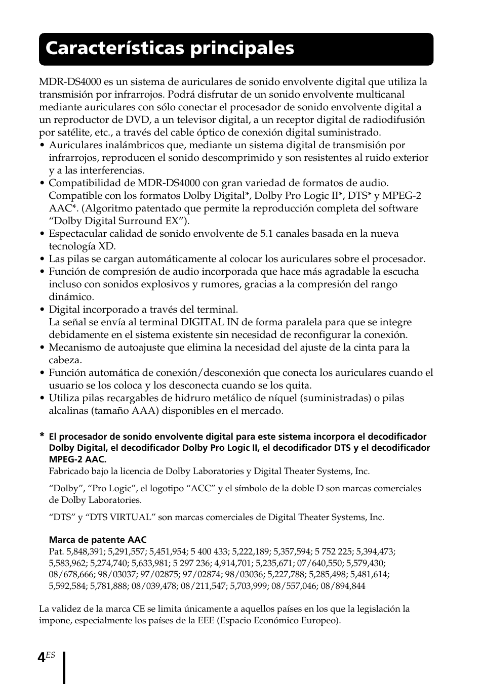 Características principales | Sony MDR DS4000 User Manual | Page 56 / 108