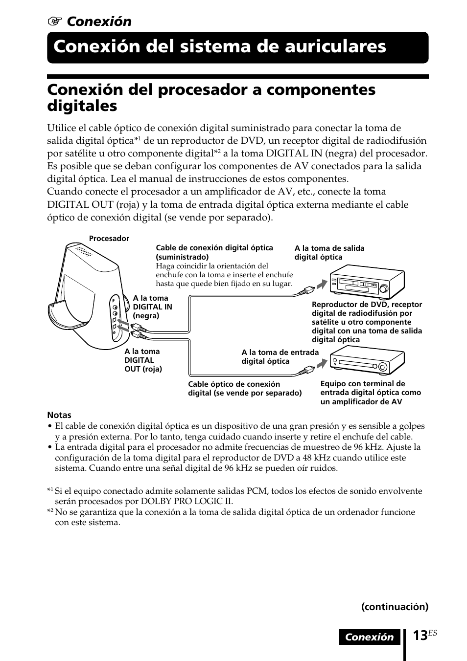 Conexión del sistema de auriculares, Conexión del procesador a componentes digitales, Conexión del sistema de | Auriculares, Conexión del procesador a, Componentes digitales, 1 conexión | Sony MDR DS4000 User Manual | Page 65 / 108