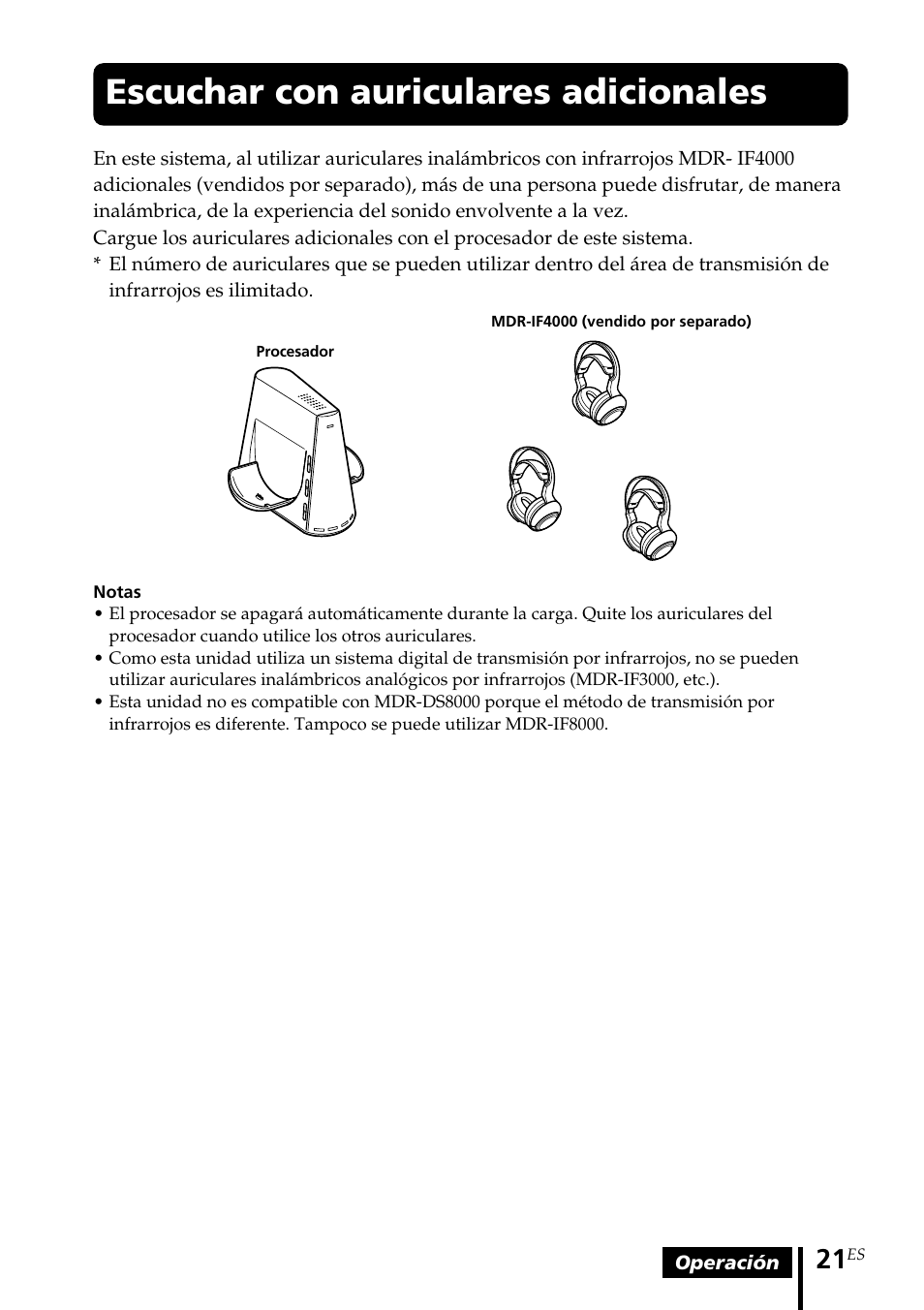 Escuchar con auriculares adicionales, Escuchar con auriculares, Adicionales | Sony MDR DS4000 User Manual | Page 73 / 108