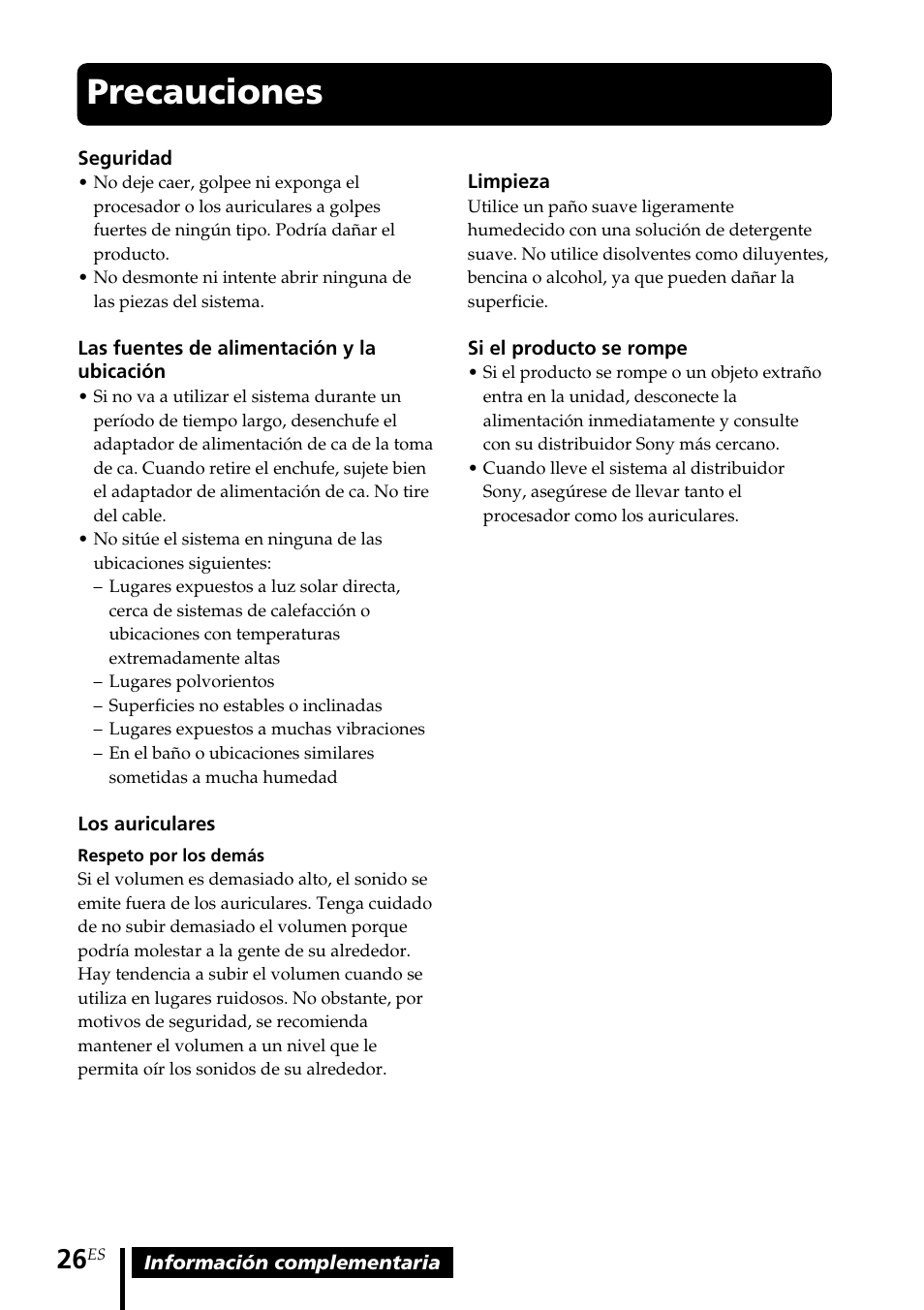 Precauciones | Sony MDR DS4000 User Manual | Page 78 / 108