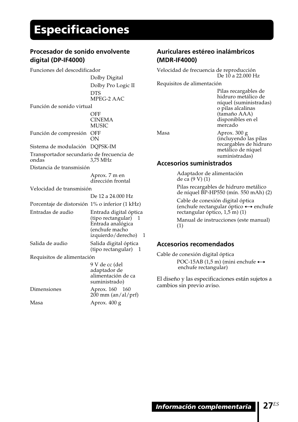 Especificaciones | Sony MDR DS4000 User Manual | Page 79 / 108