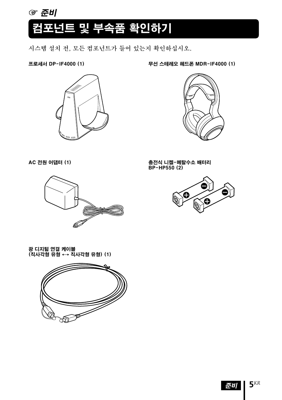 컴포넌트 및 부속품 확인하기, 1 준비 | Sony MDR DS4000 User Manual | Page 83 / 108