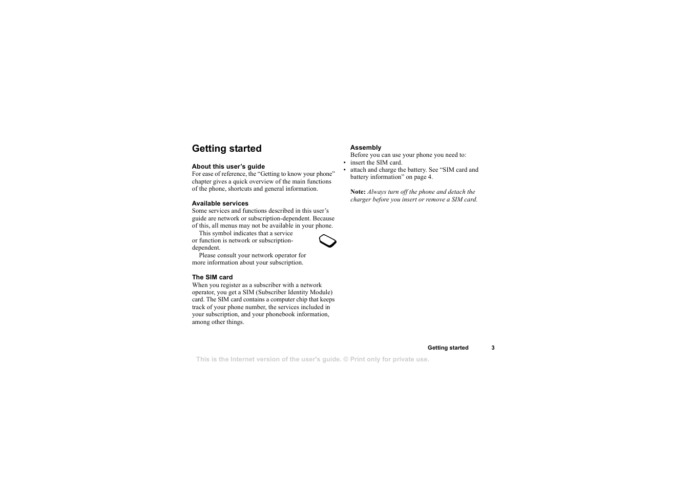 Getting started, Getting started 3 | Sony T68i User Manual | Page 3 / 95