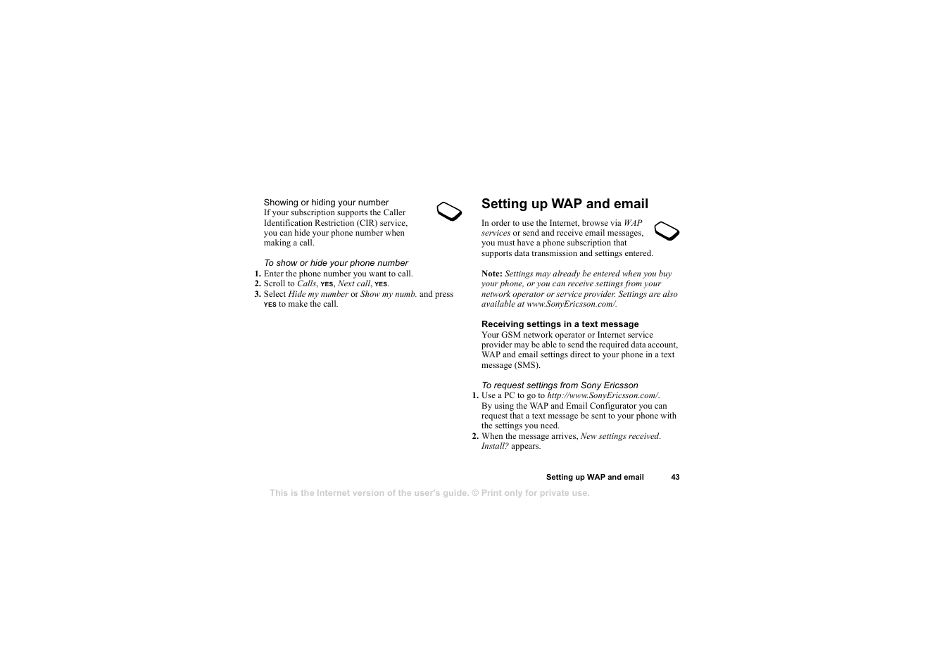 Setting up wap and email, Setting up wap and email 43 | Sony T68i User Manual | Page 43 / 95