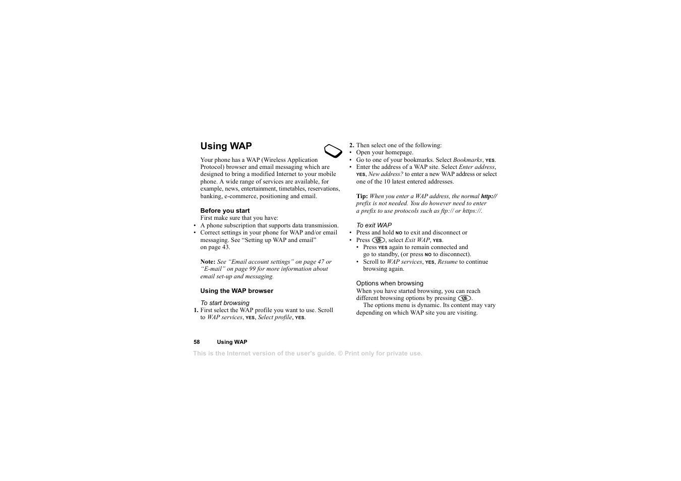 Using wap, Using wap 58 | Sony T68i User Manual | Page 58 / 95