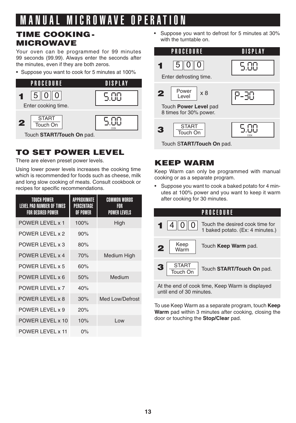 P-30, Time cooking - microwave, Keep warm | Sony R1880L User Manual | Page 13 / 32