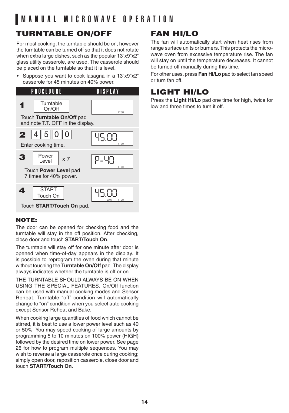 P-40, Fan hi/lo, Light hi/lo | Turntable on/off | Sony R1880L User Manual | Page 14 / 32
