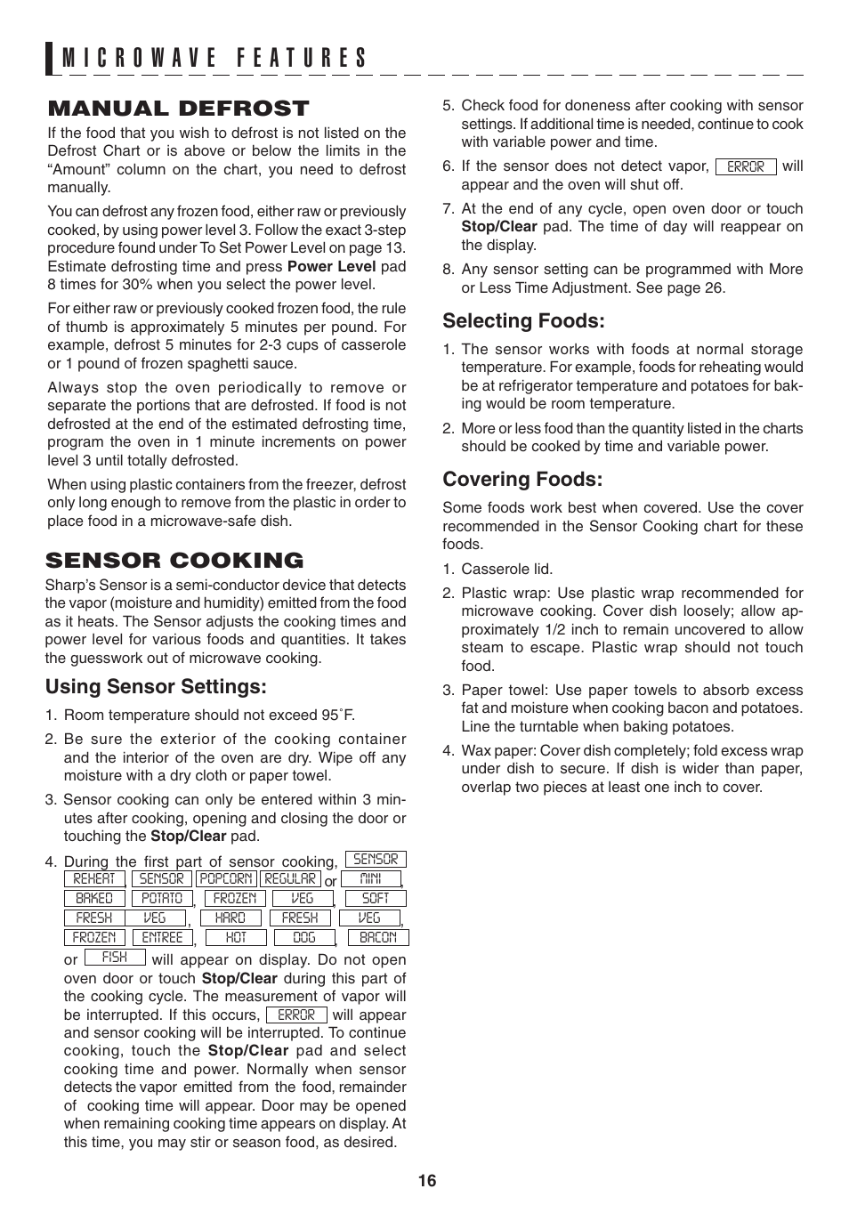 Manual defrost, Sensor cooking, Using sensor settings | Selecting foods, Covering foods | Sony R1880L User Manual | Page 16 / 32