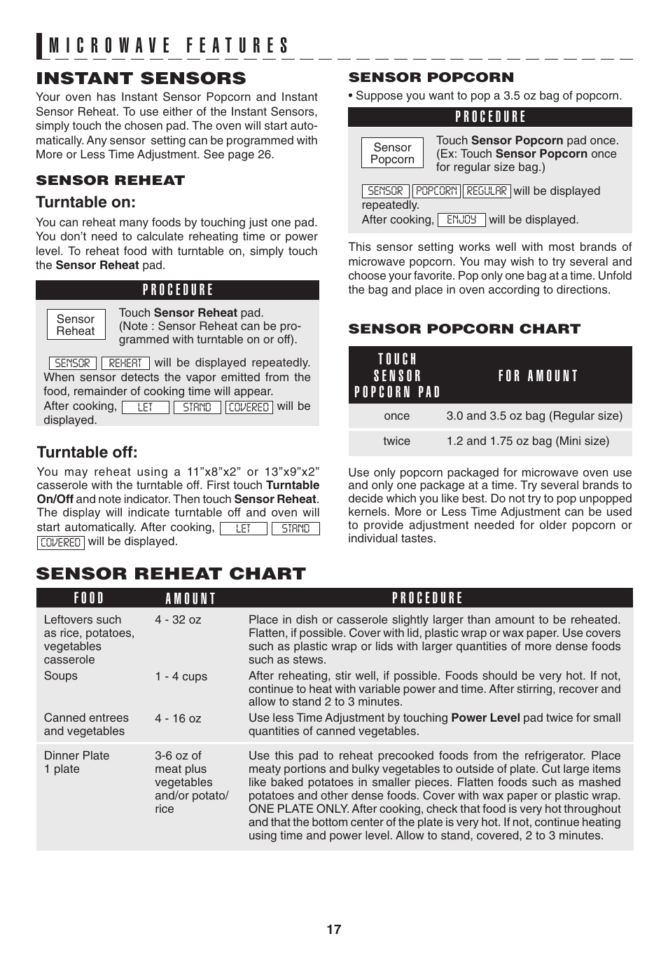 Instant sensors, Sensor reheat chart, Turntable on | Turntable off | Sony R1880L User Manual | Page 17 / 32